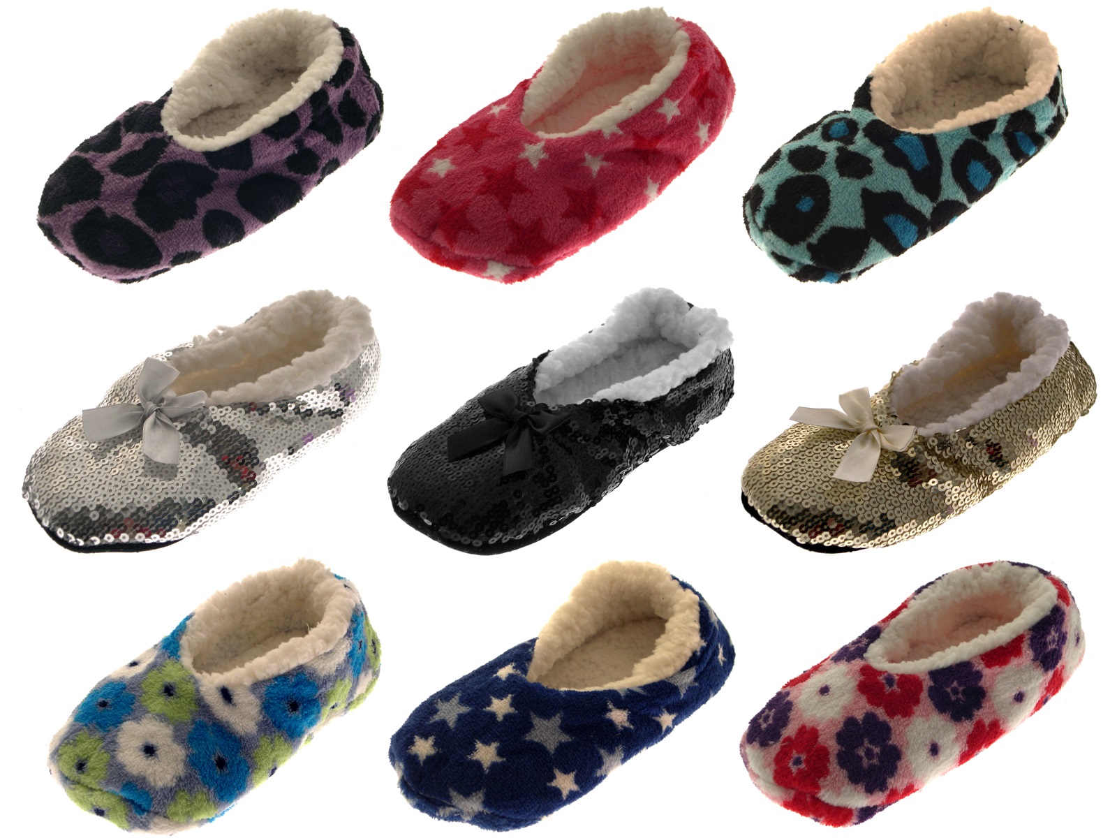 Womens Sequin Sherpa Fur Lined Slipper Socks Ladies Slippers Booties